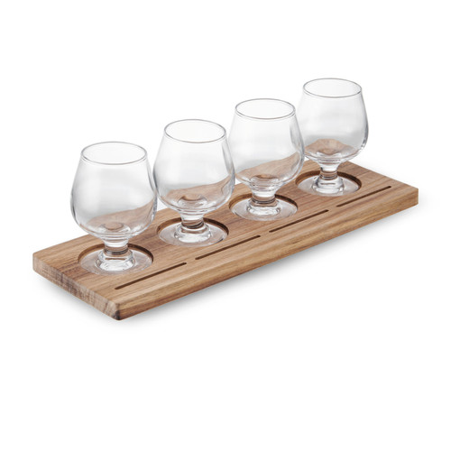 BarCraft Wooden Tasting Paddle 34cm with Set of 4 Glasses, 150ml