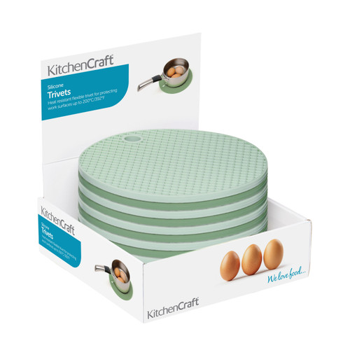 KitchenCraft Silicone 20cm Round Trivets, Light and Dark Green, Display of 16