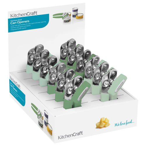KitchenCraft Stainless Steel Can Openers, Light and Dark Green, Display of 12