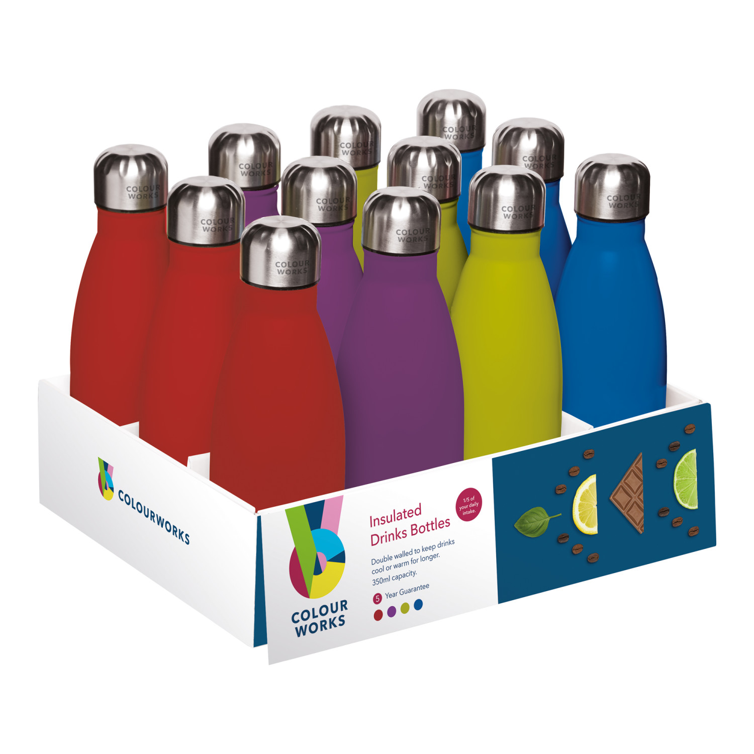 Colourworks Display of 12 350ml Insluated Vacuum Drinks Bottles Colourworks Display of 12 350ml Insluated Vacuum Drinks Bottles