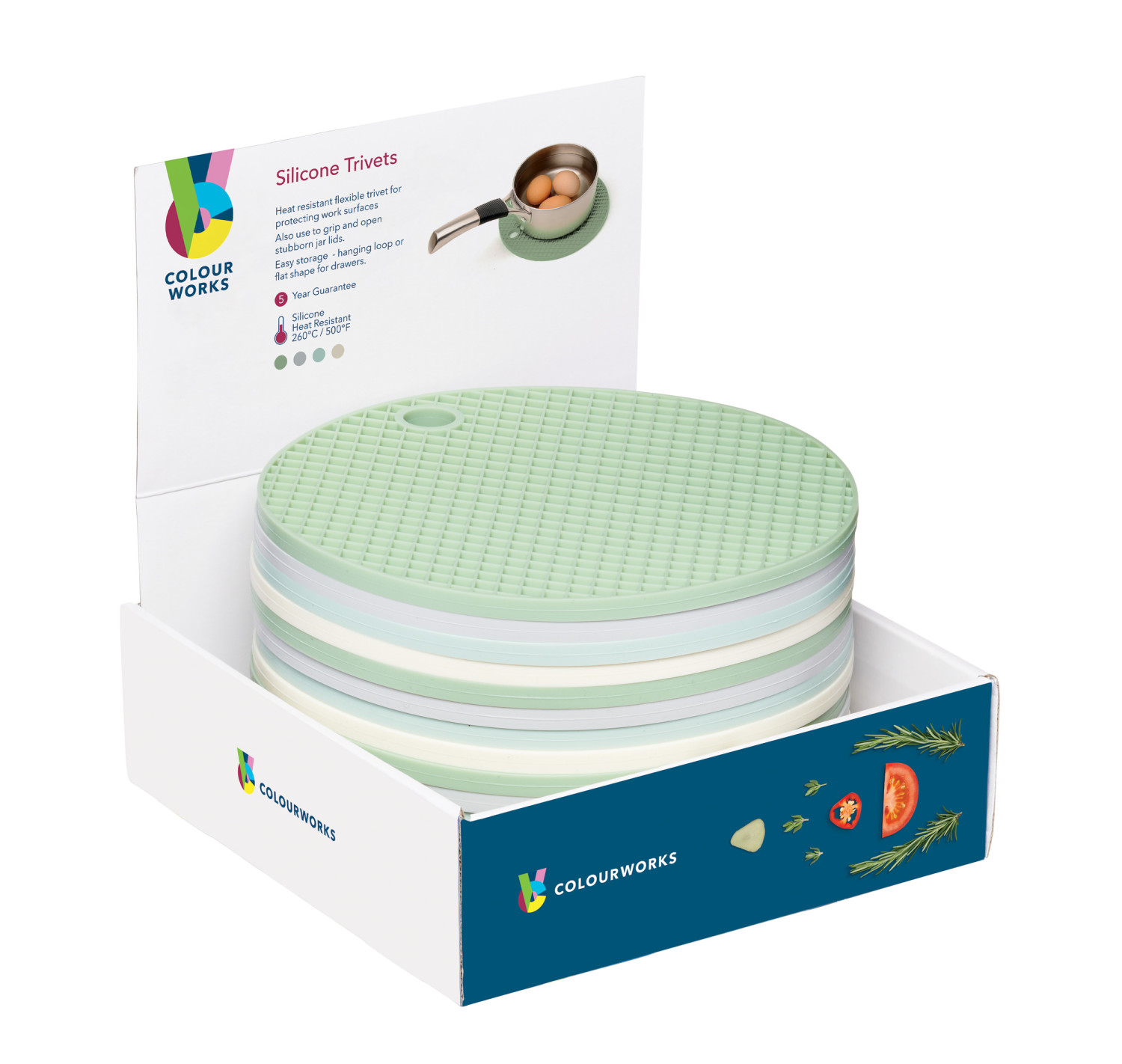 Colourworks Classics Silicone 20cm Round Trivets - Display of 16