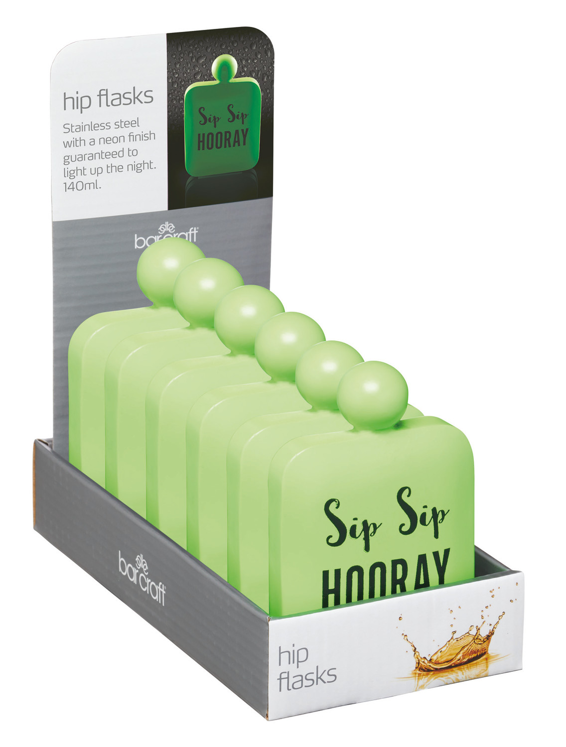 BarCraft Display of Six Neon Green Stainless Steel "Sip Sip Hooray" Hip Flasks