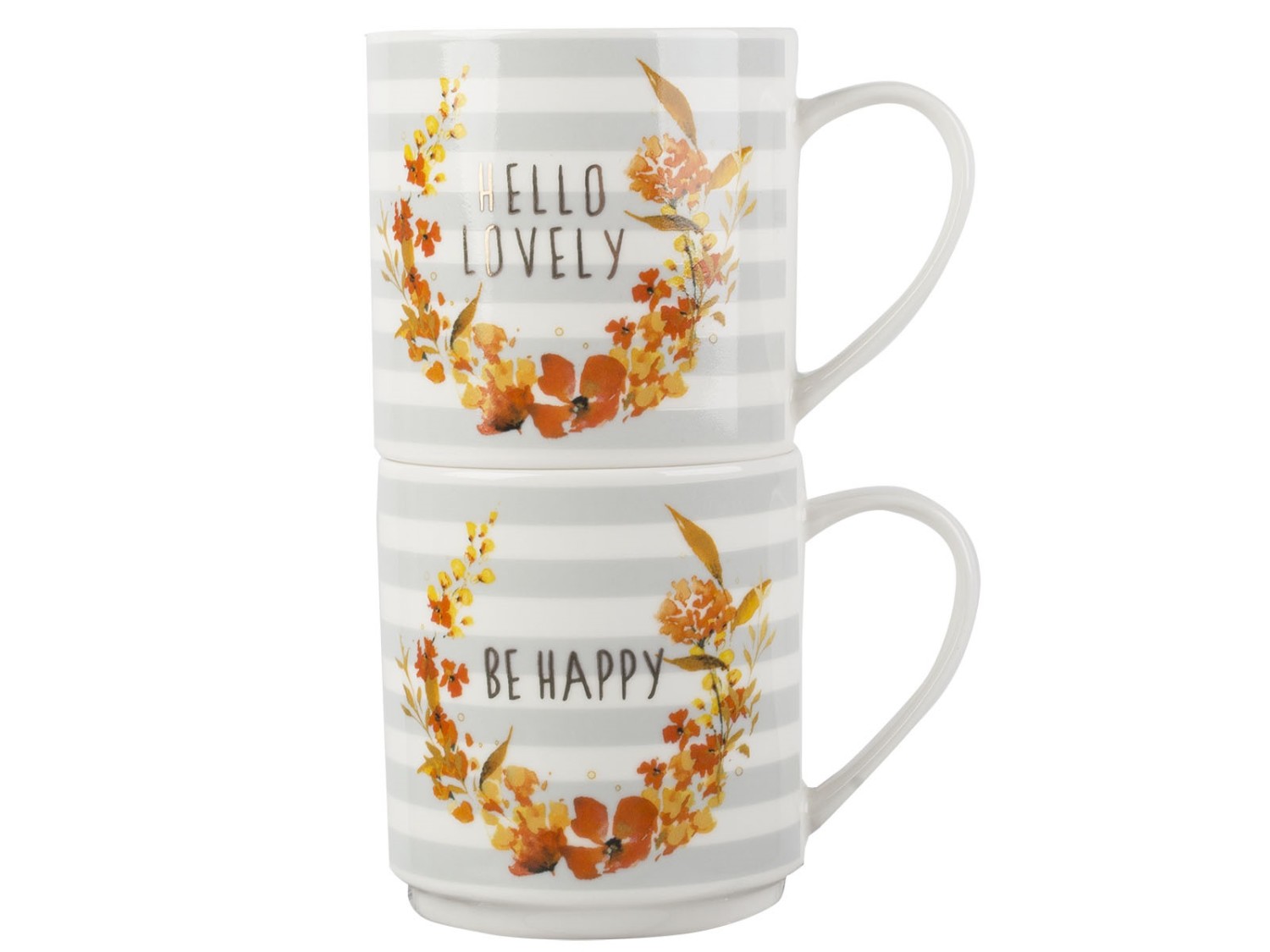 Creative Tops  “Be Happy” and “Hello Lovely” 2-Piece Set of Fine China Stacking Mugs, Grey Creative Tops  “Be Happy” and “Hello Lovely” 2-Piece Set of Fine China Stacking Mugs, Grey