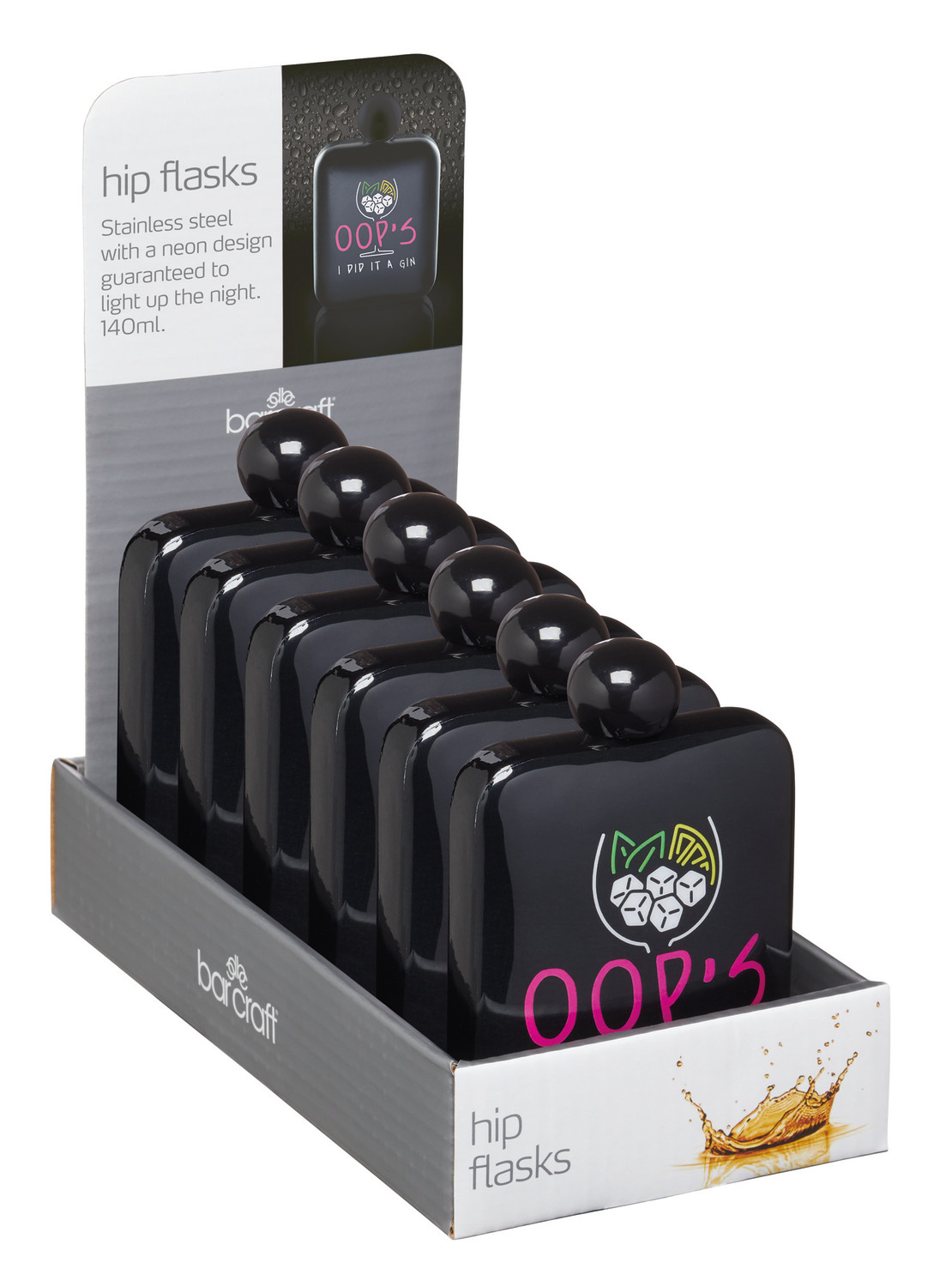 BarCraft Display of Six Neon Stainless Steel "Oops I did it a gin" Hip Flasks