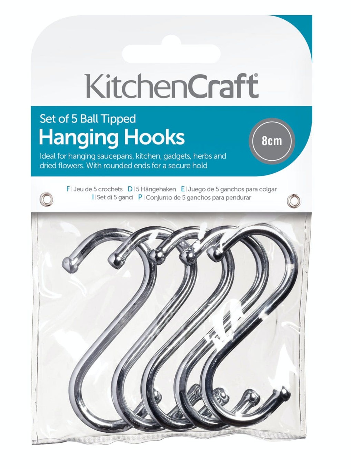 KitchenCraft Pack of Five 8cm Chrome Plated 'S' Hooks