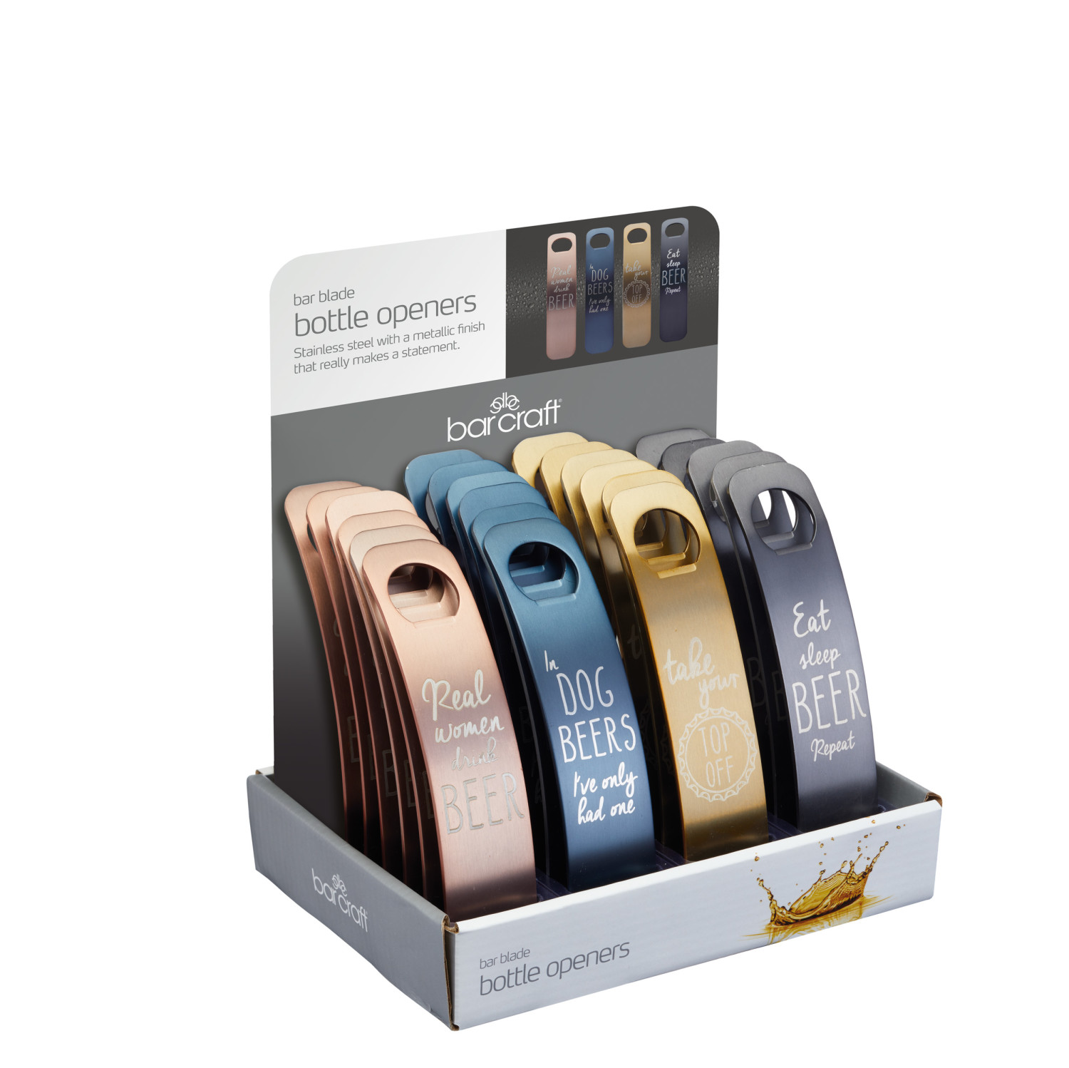 BarCraft Display of Twenty-Four Stainless Steel Slogan Bar Blade Bottle Openers