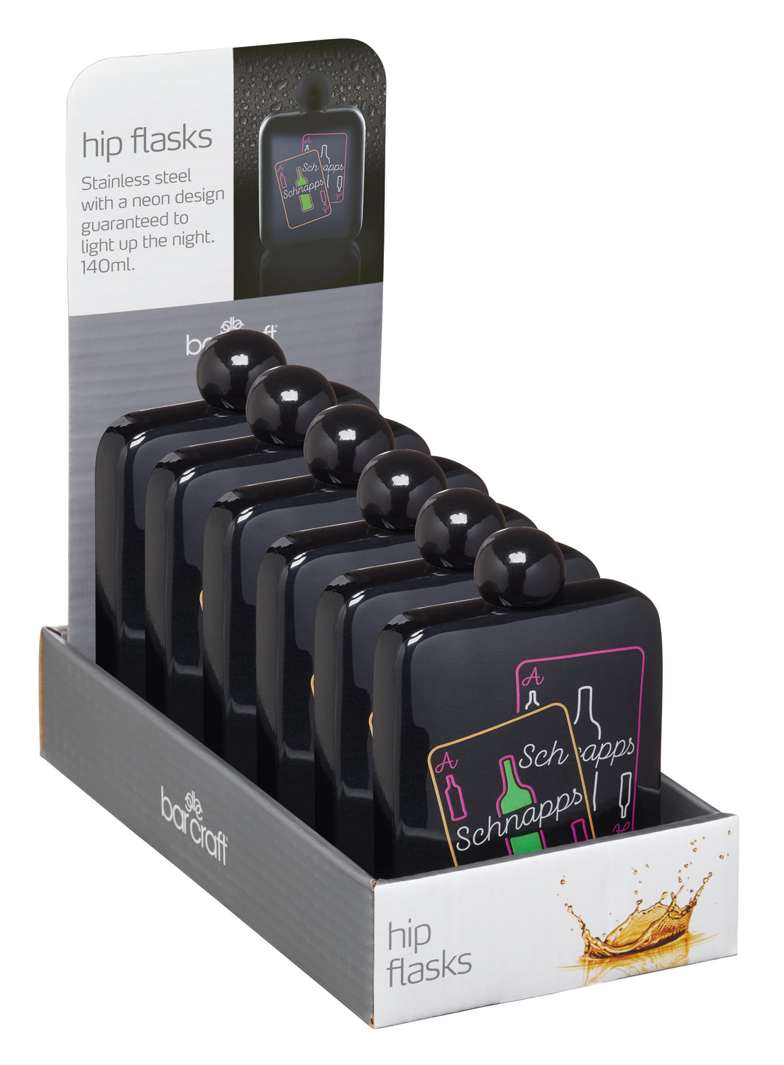 BarCraft Display of Six Neon Stainless Steel "Schnapps" Hip Flasks