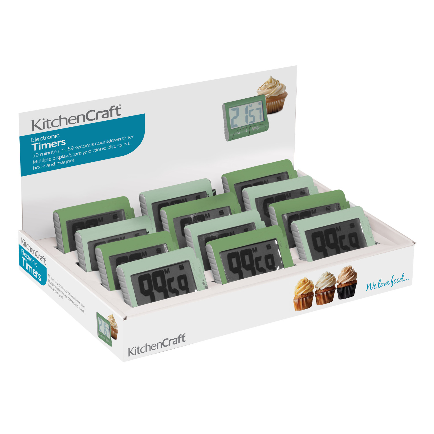 KitchenCraft Electronic 100 Minute Timers, Light and Dark Green, Display of 12