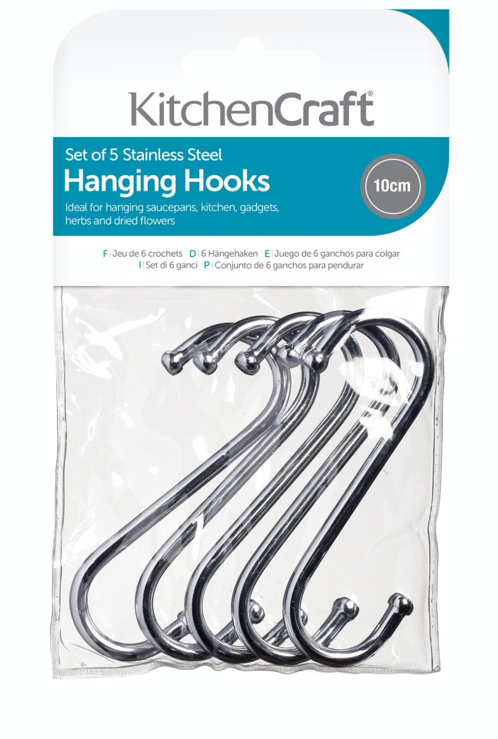 KitchenCraft Pack of Five 10cm Chrome Plated 'S' Hooks