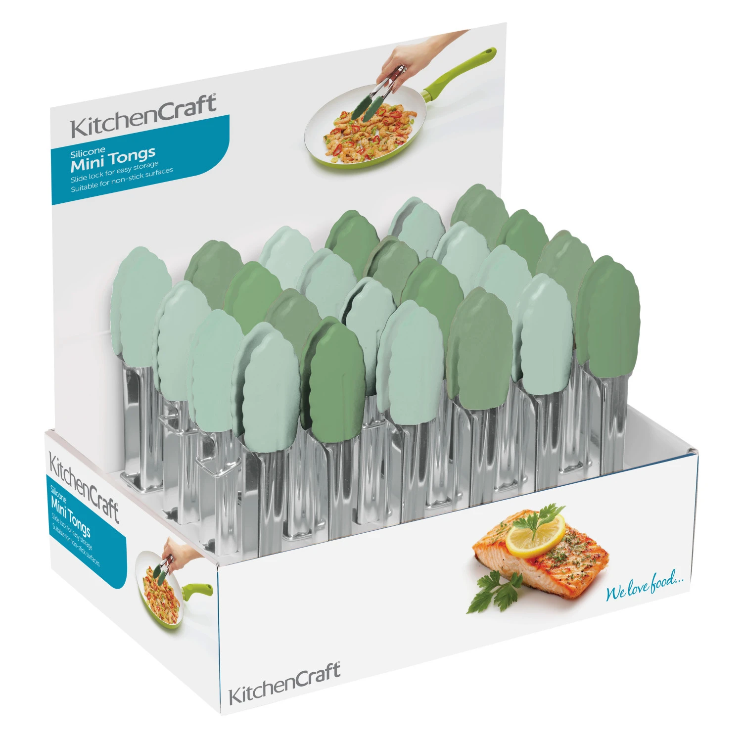 KitchenCraft Silicone Mini Tongs, Non-Stick 18cm Green Kitchen Tongs, Display of 24