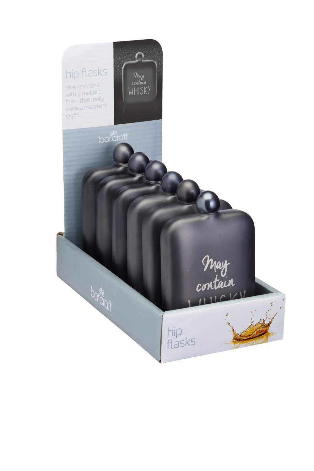 BarCraft Display of Six Grey Stainless Steel 'May contain whiskey' Hip Flasks