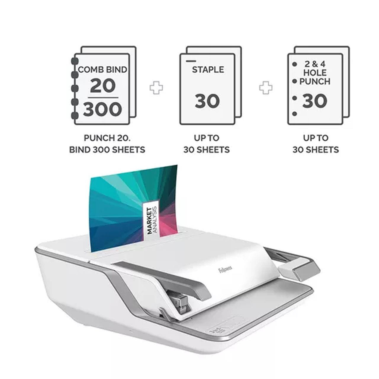Fellowes -Lyra 3-in-1 Comb Binder / Hole Punch / Staple  - 20 Sheet Punch - 300 Sheet Binder