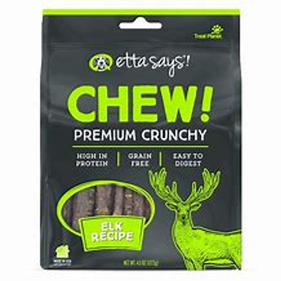 Details

These crunchy chews are a longer-lasting, high-protein treat for your pup.
Made with a unique blend of rawhide and elk meat, specially formulated for easy digestion.
Made in the USA with all-natural ingredients and proteins sourced from American farms.
A no-odor, stain-free, carpet-friendly formula.
Grain-free, and crafted without the use of additives or preservatives.

Give your dog a treat he’ll “chews” over and over again with Etta Says! Chew! Premium Crunchy Elk Chew Dog Treats. These deliciously crunchable treats are high in protein, made with a unique blend of rawhide and elk meat specially formulated for safe and easy digestion. Your pup can chew away happily on these no-odor chews without staining the carpet, and the grain-free, all-natural recipe contains no additives or preservatives. As a bonus, the high crunch factor can also be beneficial for your pal’s teeth. Chow down, buddy!