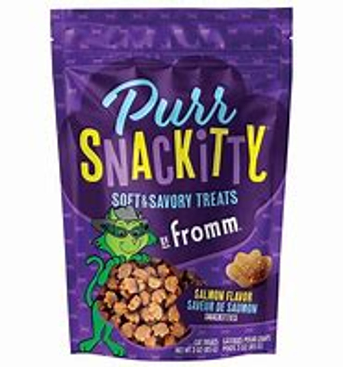 Fromm Cat Treat Purrsnackitt Salmon 3 oz
SALMON FLAVOR SNACKITTIES
Made with real salmon, these bite-sized treats are moist, tender, and delicious.

Features: 

Soft & Savory Texture
Only 2 Calories per Treat
Suitable for All Cat Breeds & Ages 
Wholesome and delicious food that is carefully crafted for cats of all breeds and ages, from Maine Coons to Munchkins, kittens to seniors, and every breed and stage in-between.

Additional Information:
Ingredients

Salmon,Chickpeas,Peas,Tapioca Starch,Vegetable Glycerin,Pea Protein,Coconut Oil (preserved with mixed tocopherols),Dried Sweet Potatoes,Potatoes,Natural Flavor,Natural Hickory Smoke Flavor,Phosphoric Acid,Salt,Sorbic Acid (Preservative),Taurine.