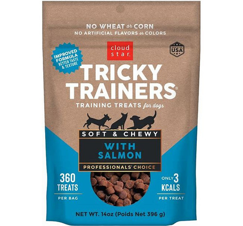 CLOUD STAR TRICKY TRAINER TREAT CHEWY SALMON 14 OZ
Made with natural ingredients with an irresistible taste that's great for finicky eaters
Bite-sized treats that are perfect for training
Soft texture that won't dry out and crumble which makes them ideal for small or older dogs
Low in fat and calories and made without corn, wheat, soy and artificial flavors
Great to use with treat-dispensing toys

Ingredients
Salmon, Peas, Vegetable Glycerin, Potato Flour, Dried Eggs, Pork Liver, Flaxseed Meal, Brown Rice, Cane Sugar, Chicken Fat (Preserved With Mixed Tocopherols), Dried Cultured Skim Milk, Natural Chicken Flavor, Barley Flour, Tapioca Starch, Sweet Potato, Calcium Lactate, Salt, Phosphoric Acid, Natural Smoke Flavor, Lactic Acid, Zinc Propionate, Cane Molasses, Mixed Tocopherols (Preservative), Rosemary Extract.