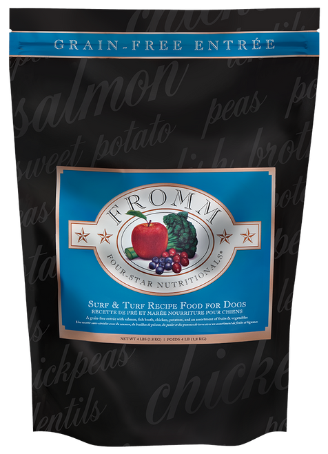 FROMM 4 STAR DOG SURF & TURF GRAIN-FREE 4#
SURF & TURF RECIPE
A grain-free entrée with salmon, fish broth, chicken, potatoes, and an assortment of fruits & vegetables
