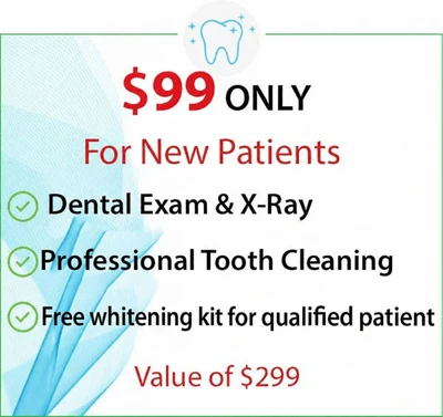 $99 (Dental Exam + X Ray + Professional Tooth Cleaning  + Free Whitening Kit for Qualified Patients - For New Patient (Value of $299) in  Woodhaven Downriver, West Bloomfield, Ann Arbor & Waterford, MI - Dental House Dentist Office