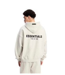 Light oatmeal cotton hoodie with relaxed oversized fit and adjustable hood, front view