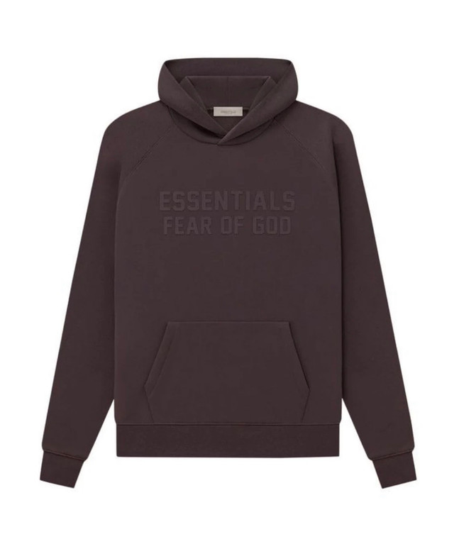 Plum essential hoodie with relaxed fit, adjustable hood, and front kangaroo pocket, front view