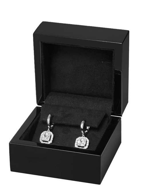 Glossy piano black wood flap earring jewelry display or presentation box with black suede interior