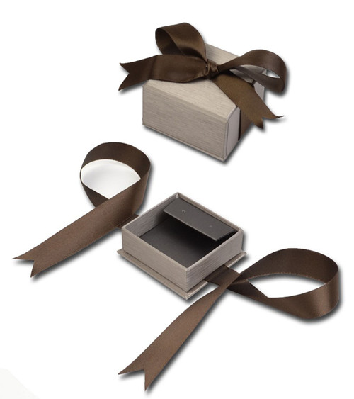 Champagne textured paper flap earring jewelry gift box with gunmetal leatherette with olive brown ribbon