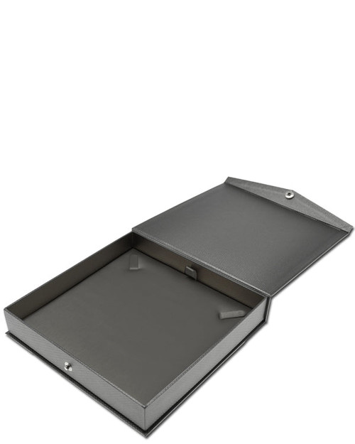 Dark grey textured necklace jewelry gift box with dark gunmetal interior and snap button closure