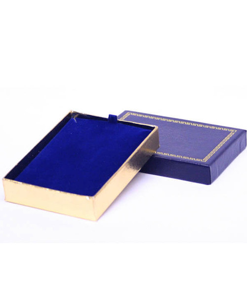 Rectangle pendant jewelry box with blue exterior with gold printed rim, gold foil bottom and velvet insert.
