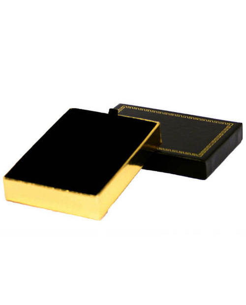 Rectangle pendant jewelry box with black exterior with gold printed rim, gold foil bottom and velvet insert.