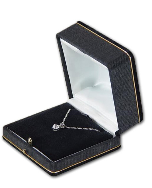 Black velvet medium pendant jewelry box with matching bengaline, gold trim and gold push button.