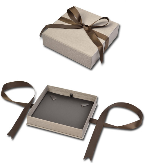 Champagne textured paper large necklace jewelry gift box with gunmetal leatherette with olive brown ribbon