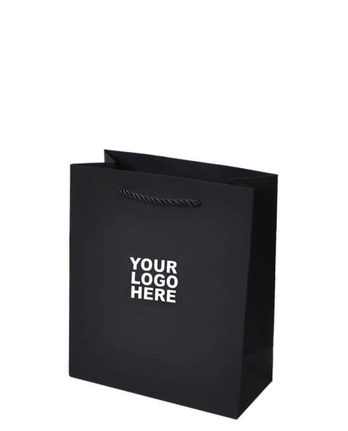 Medium matte black shopping bag with matching colored twisted handles.