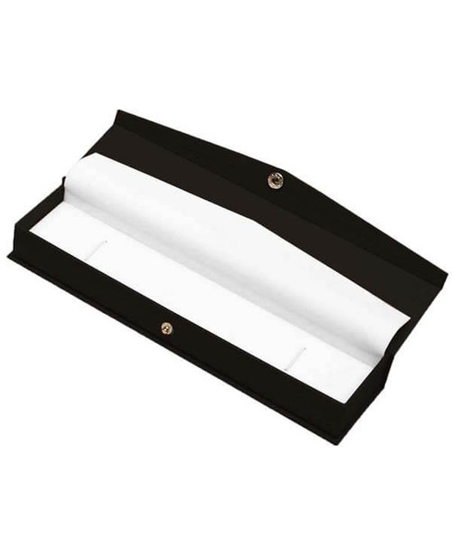 Black paper long bracelet gift box with white interior pad and veil cover. Also includes a snap button close.