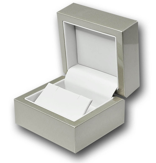 Glossy champagne wood small earring or pendant box with cool off-white leatherette interior.