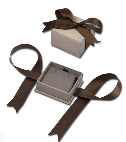 Champagne textured paper earring or pendant jewelry gift box with gunmetal leatherette with olive brown ribbon