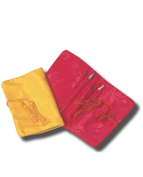 Various colored two zipper pouch with string wrap with tassel