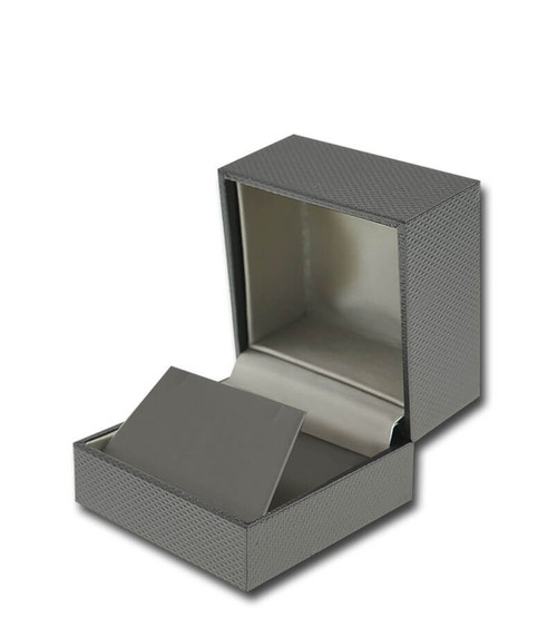 Dark grey textured earring or pendant jewelry box with dark gunmetal colored interior