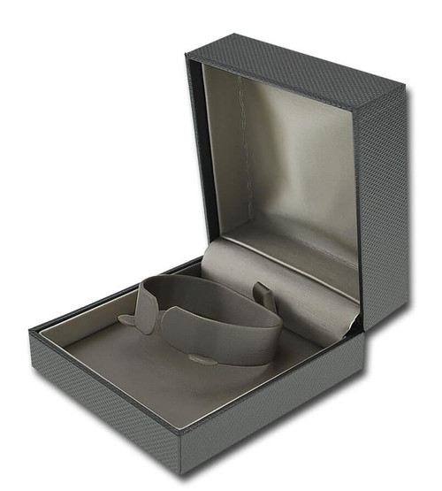 Dark grey textured C bangle or bracelet jewelry box with dark gunmetal colored interior