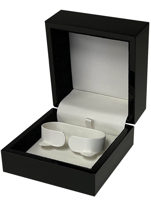 Glossy piano black wood c bangle or bracelet jewelry display or presentation box with light pearl off-white interior