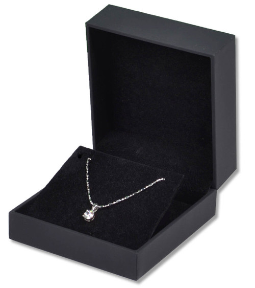 Designer matte black medium earring or pendant jewelry box exterior with black veltex interior.