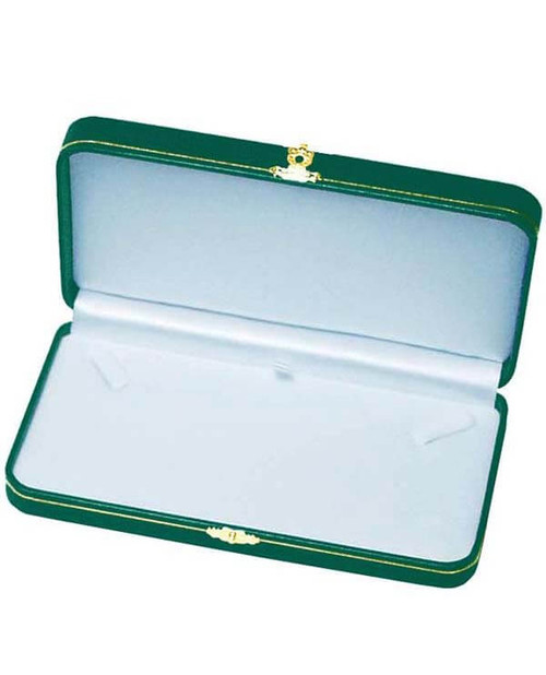 Green leatherette exterior medium necklace box with white flock interior and gold tooling and latch.