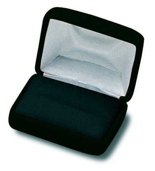 Black velvet exterior double slot ring box with matching color interior and white satin top puff.