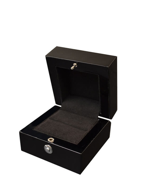 Glossy piano black wood large single ring jewelry display or presentation box with black suede interior and round silver clasp.