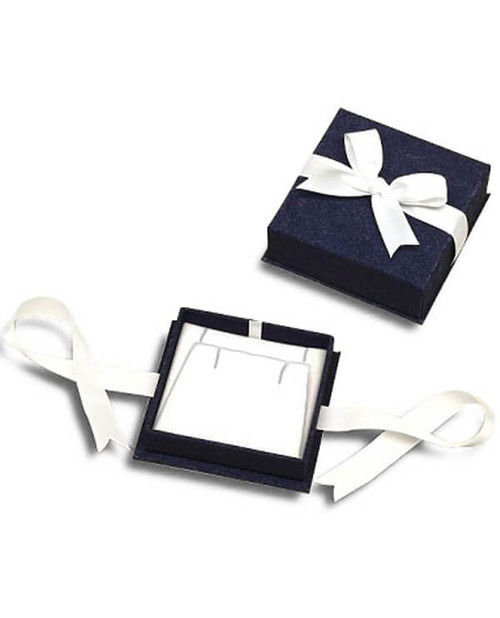Sparkly blue textured medium earring or pendant jewelry box with white flock interior and white satin ribbon.