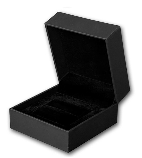 Designer matte black large single ring jewelry box exterior with soft black veltex interior