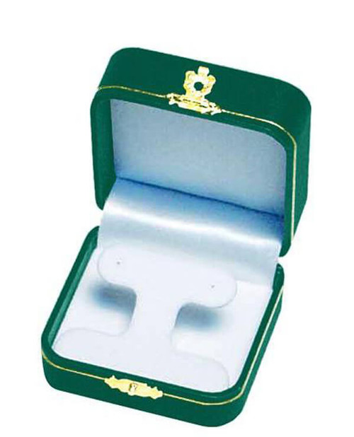 Green leatherette exterior T earring box with white flock interior and gold tooling and latch.