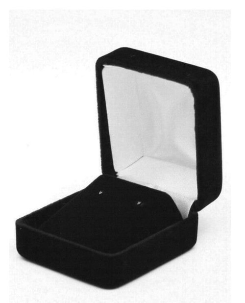 Black velvet exterior small stud earring box with matching color interior and white satin top puff.