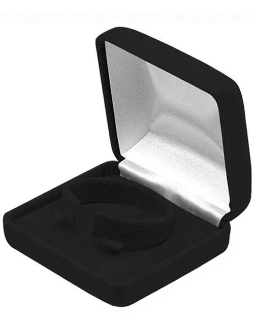 Black velvet exterior watch or bangle box with matching color interior and white satin top puff.
