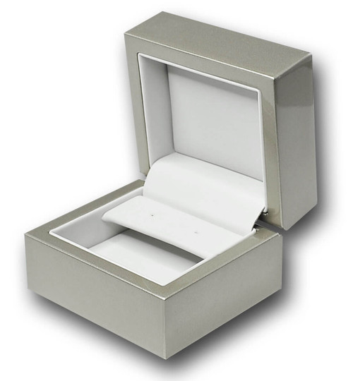 Glossy champagne wood flap earring box with cool off-white leatherette interior.