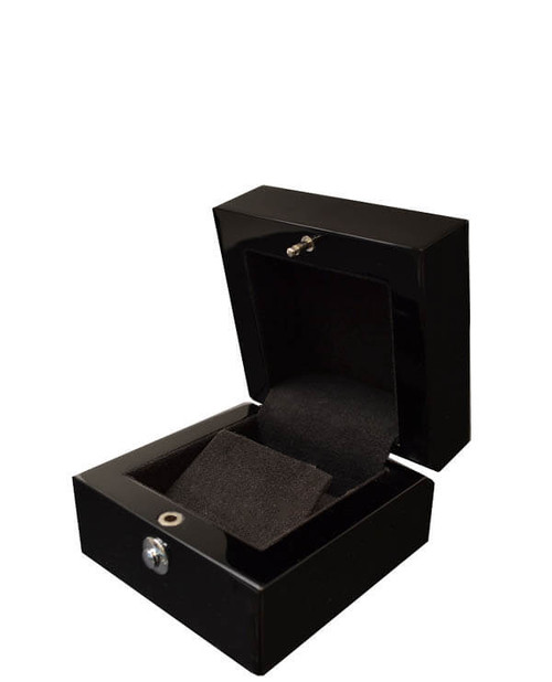 Glossy piano black wood large earring or pendant jewelry display or presentation box with black suede interior and round silver clasp.