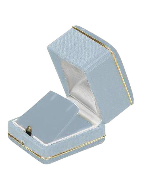 Royal Grey velvet earring stud jewelry box with matching bengaline, gold trim and gold push button.